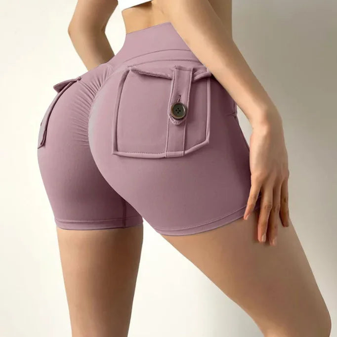 SANWOOD women's high waist peach yoga shorts with pockets, designed for butt lifting and comfortable activewear.