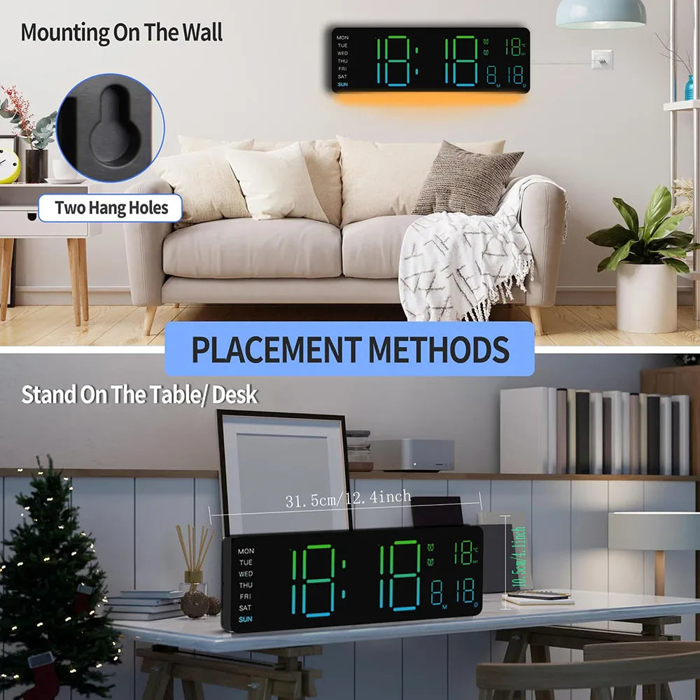 13-inch LED digital wall clock by Showlu Smart General with RGB night light showing time display and colorful backlit features.