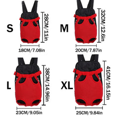 A size chart for a red and black mesh pet carrier backpack showing dimensions for S, M, L, and XL.