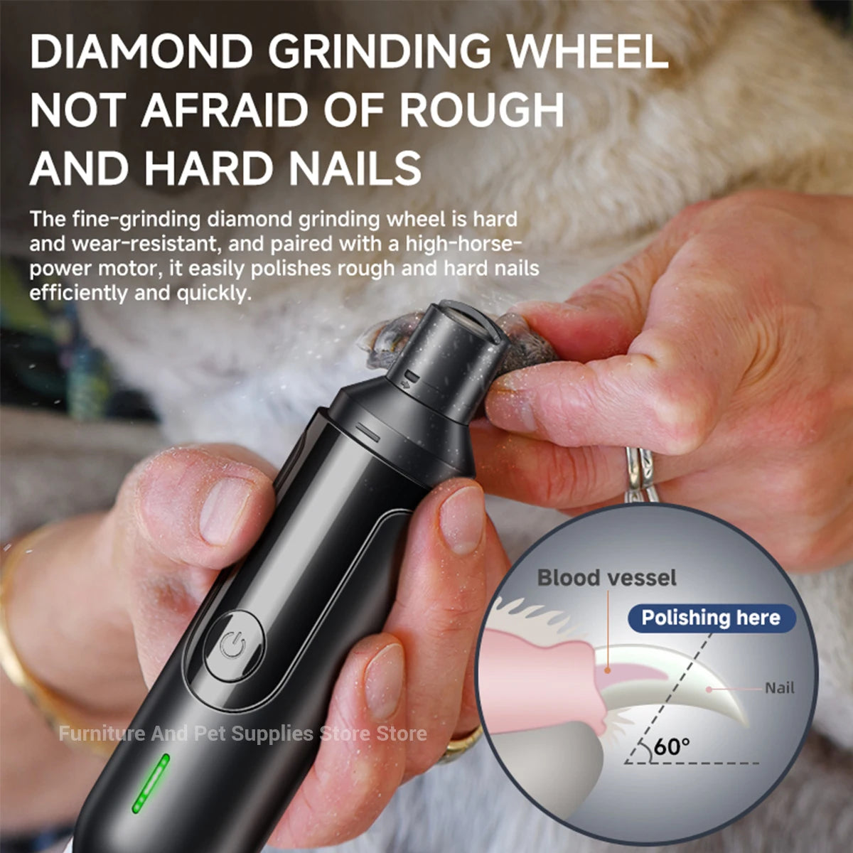 Electric dog nail grinder from Showlu Fashion Store, USB rechargeable pet nail trimmer with polishing wheel for small and large pets.