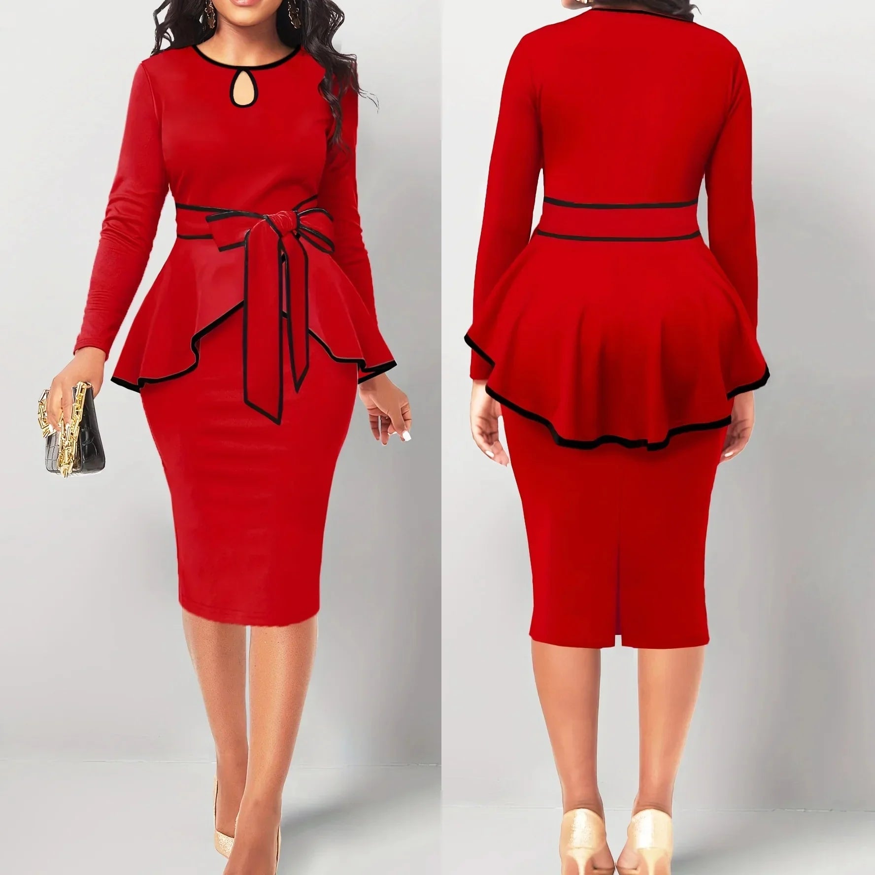 SHOWLU Women's 2-Piece Suit Dress with ruffle top and side slit skirt set, stylish and comfortable for casual or formal wear.