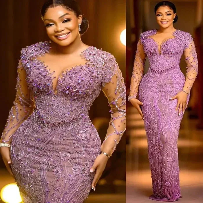 SHOWLU Lilac Mermaid Prom Dress with beaded sequins, elegant evening gown featuring a fitted mermaid silhouette and shimmering details.