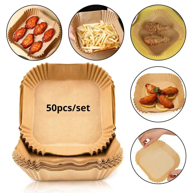 Set of 50 disposable parchment paper liners for air fryer, ideal for baking, steaming, and cheesecake accessories by Showlu Fashion Store.