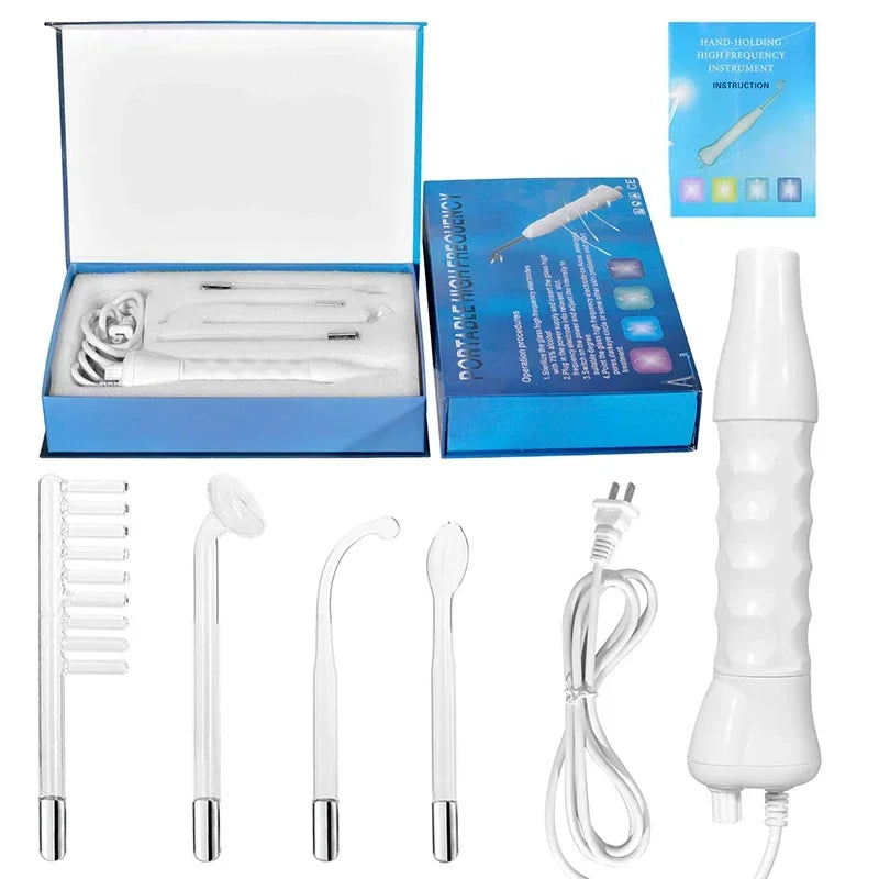 Handheld HWEcare High Frequency Facial Machine for acne treatment, showing the sleek device with treatment electrodes.