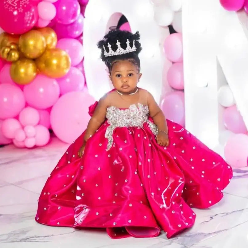 Fuchsia Beading Girl's Birthday Party Dresses Customized Ball Gown Puffy Flower Girl Dress Princess Baby Kids Pageant Gowns