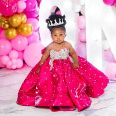 Fuchsia Beading Girl's Birthday Party Dresses Customized Ball Gown Puffy Flower Girl Dress Princess Baby Kids Pageant Gowns