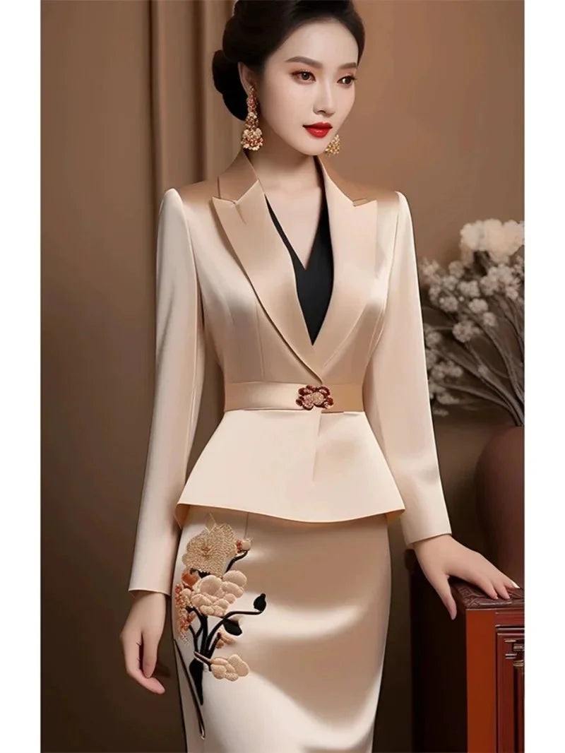 SHOWLU FASHION women's satin two-piece set with embroidered coat and midi skirt, elegant and stylish for sophisticated looks.