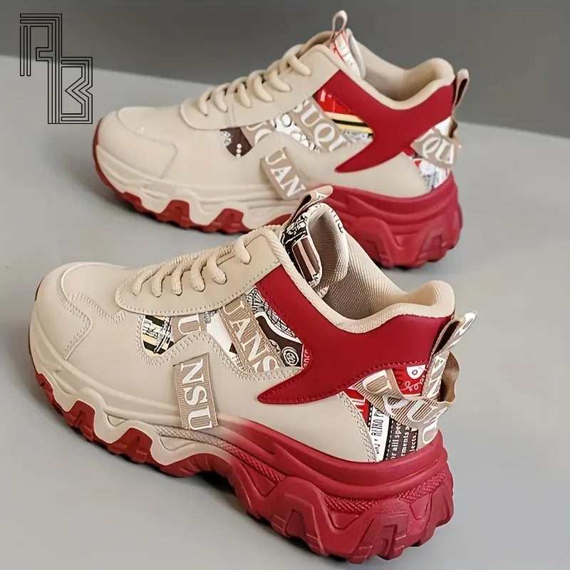 Korean edition women's spring and summer dad shoes with color block design, breathable fabric, thick soles, and height increase features.