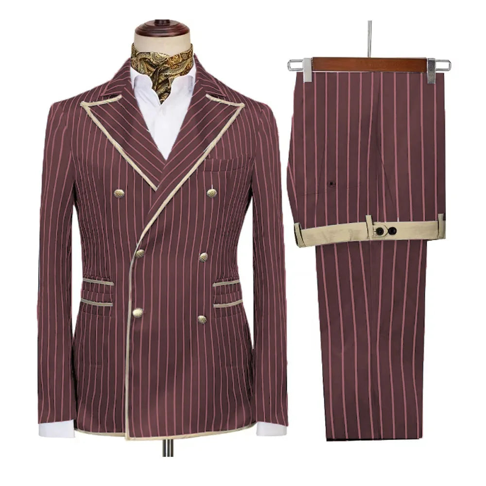 Showlu Fashion men's double-breasted striped suit with peak lapel blazer and matching pants, slim fit formal and casual tuxedo set.