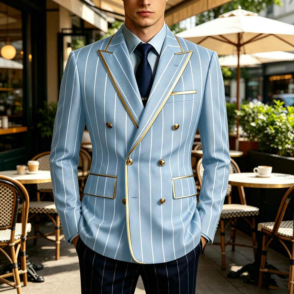 Men's Pinstripe Blazer Double Breasted Gold Trim Slim Fit Suit Jacket Peak Lapel Business Formal Tuxedo Coat for Wedding Prom