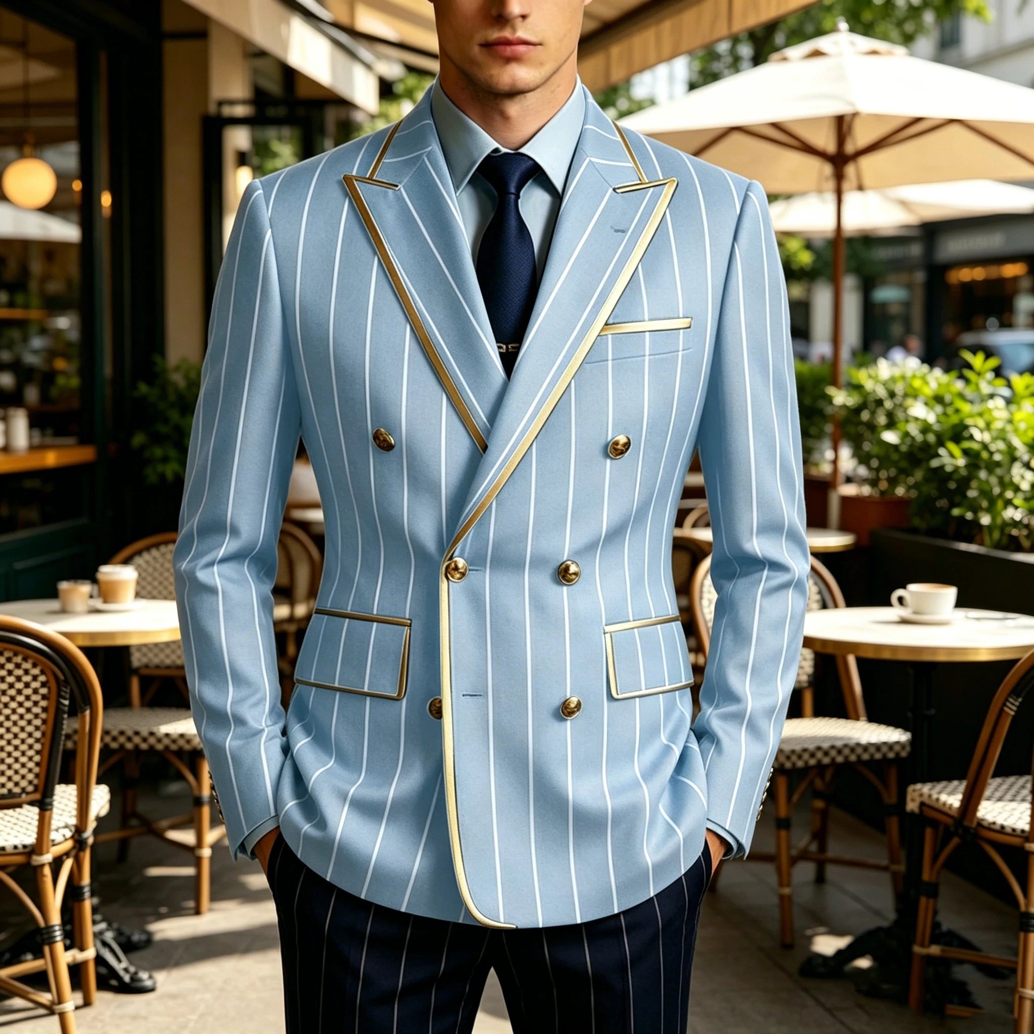 Men's Pinstripe Blazer Double Breasted Gold Trim Slim Fit Suit Jacket Peak Lapel Business Formal Tuxedo Coat for Wedding Prom
