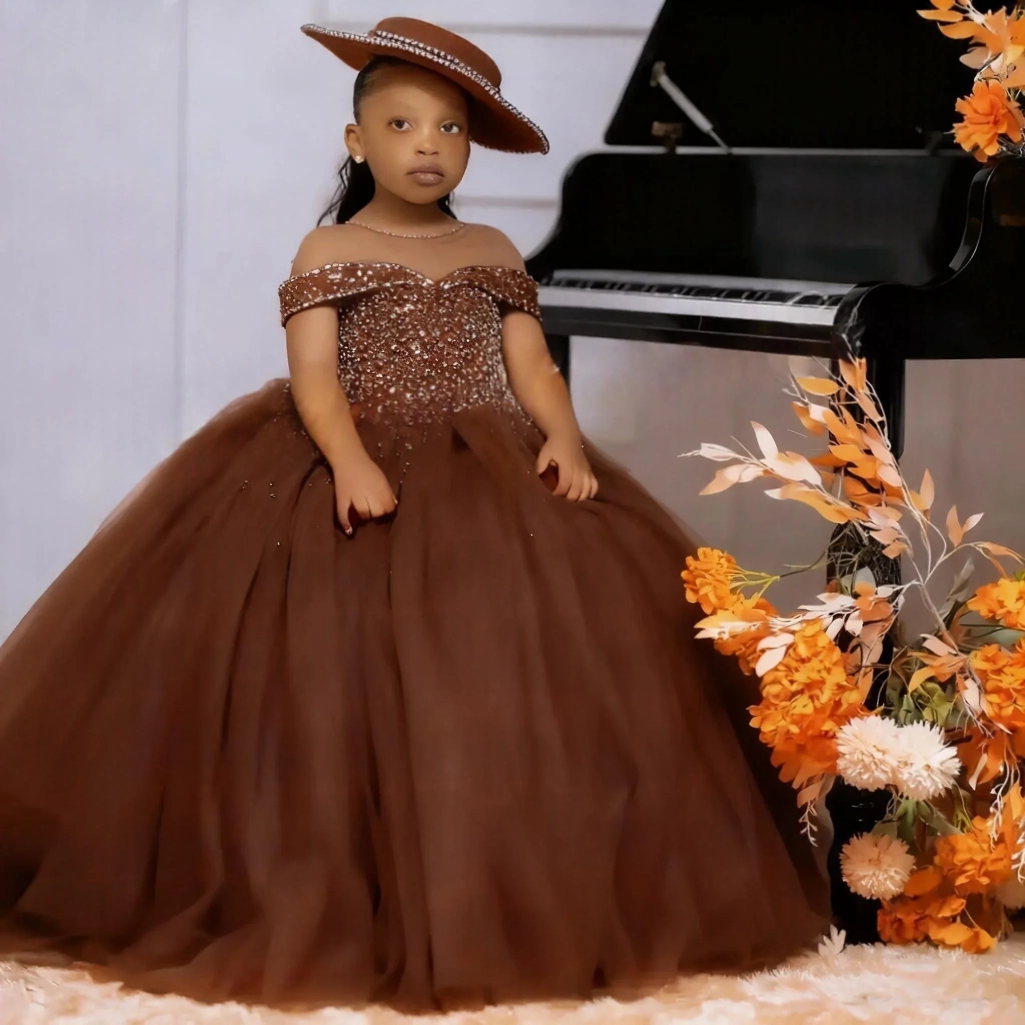 Custom Orange Off Shoulder Beaded Tulle Flower Girl Dress First Christmas Wedding Party Princess Gown فساتين اطفال س