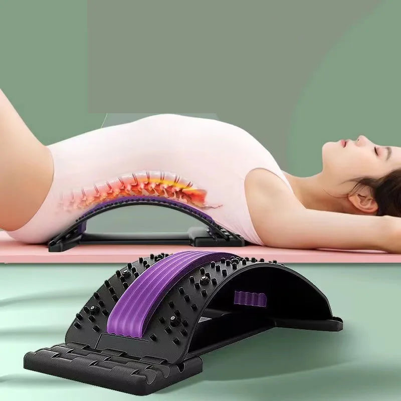 Magnetic lumbar support back stretcher and massager with back cracker design, offering spinal relaxation and pain relief.