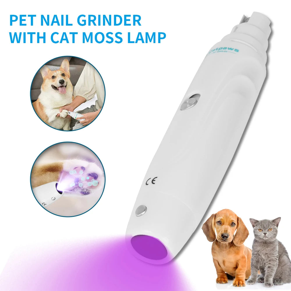 Showlu Fashion Store electric pet nail grinder with LED light, USB rechargeable dog nail trimmer and grooming tool.