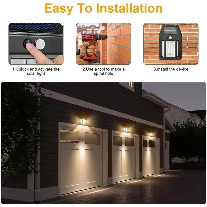 Showlu Smart General solar motion sensor outdoor wall light mounted on exterior wall with adjustable arm in a nighttime setting