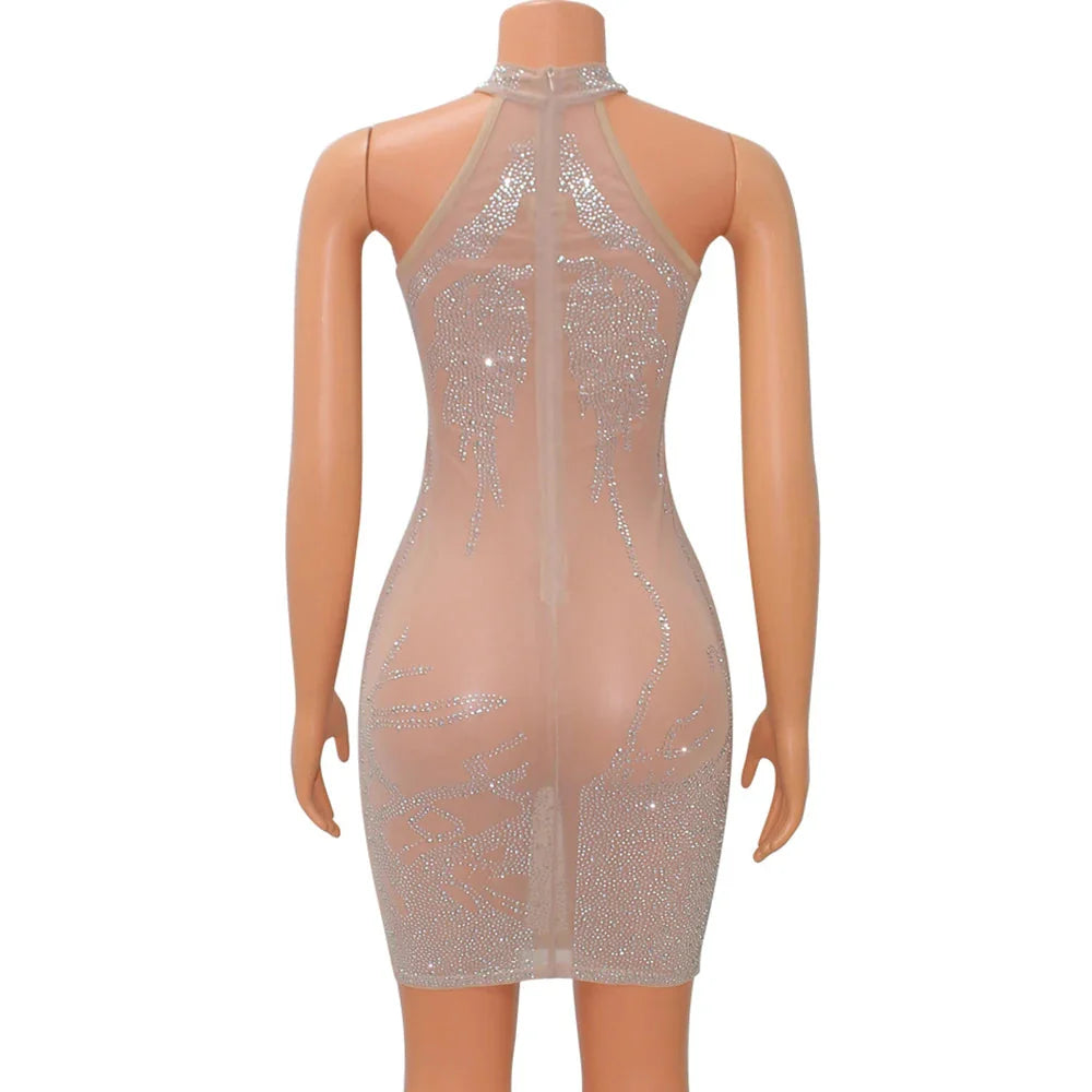 SHOWLU FASHION STORE women's rhinestone mesh mini dress, sexy sheath bodycon design with sparkling rhinestones for party wear