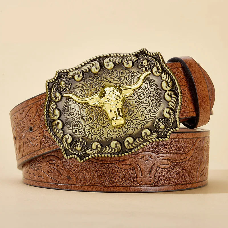 Western cowboy PU leather belt with vintage printed buckle, ideal for jeans, by Showlu Fashion Store.