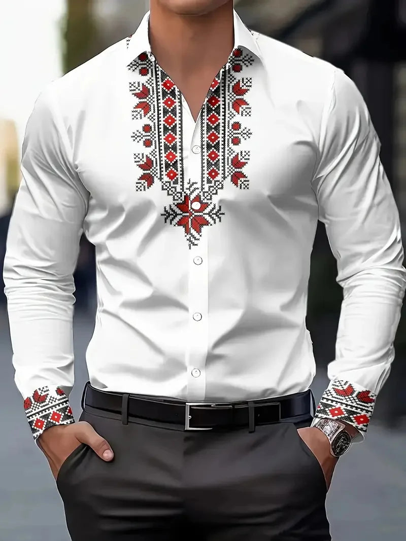 Showlu men's 3D flower printed silk long sleeve casual shirt, stylish and comfortable for everyday wear