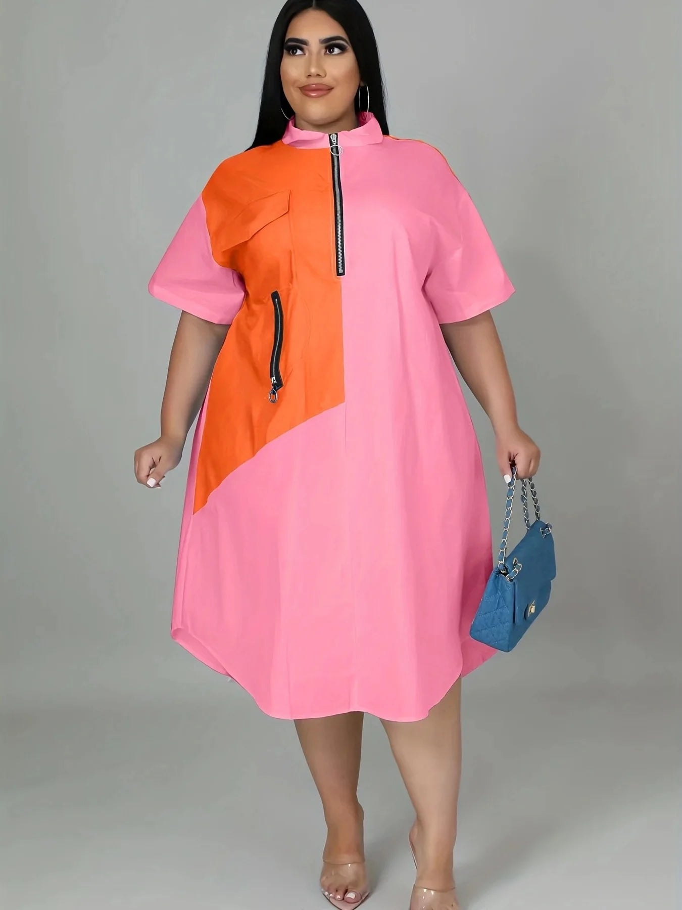 Plus size Showlu Women's loose zipper shirt dress with 3D print, casual style, featuring a relaxed fit and front zipper detail.