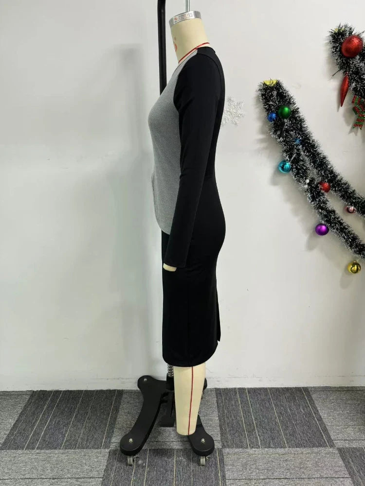 A stylish AOMEI women's patchwork midi dress by SHOWLU FASHION STORE, featuring long sleeves and an asymmetrical bodycon fit.