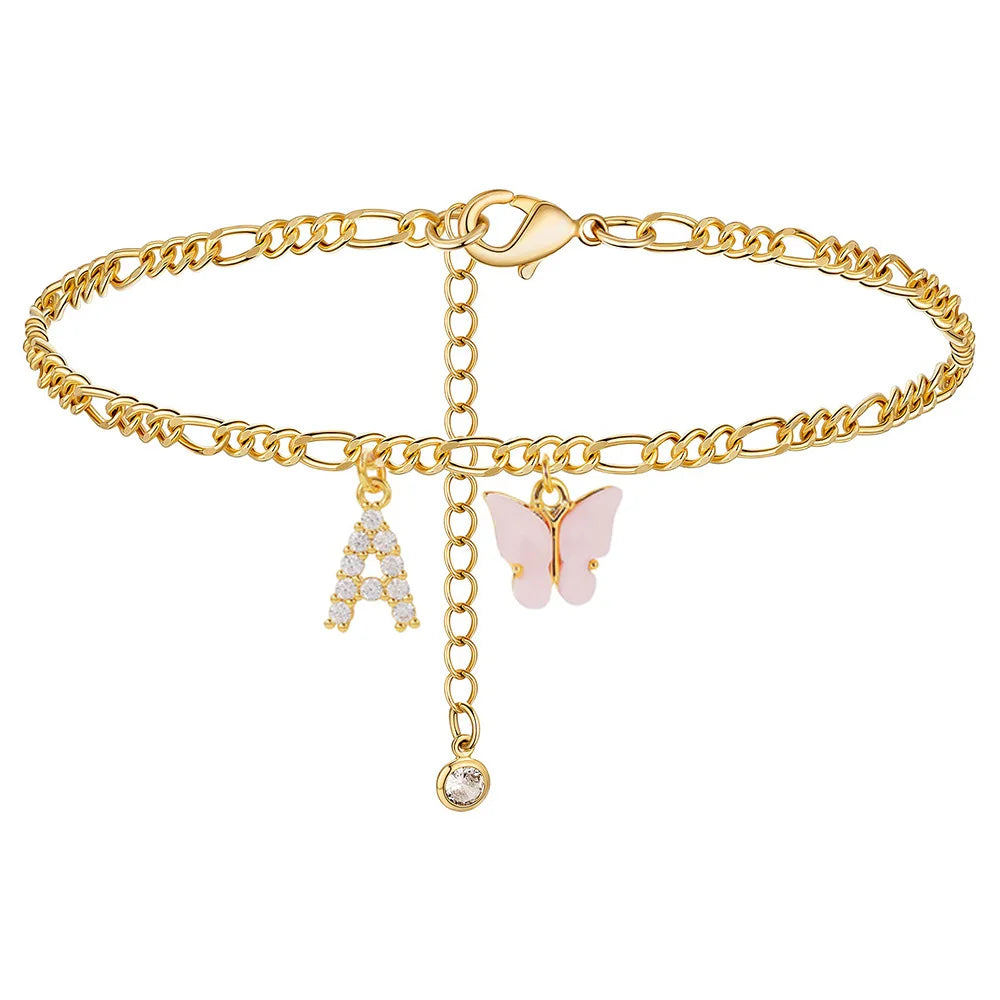 Stainless steel initial letter anklet with butterfly design, waterproof jewelry for women and girls, trendy leg chain accessory