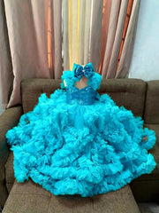 Custom Sequin Ruffle Flower Girl Dress Bow Wedding Pageant Gown For Kids Girls Birthday Party Formal Special Occasion