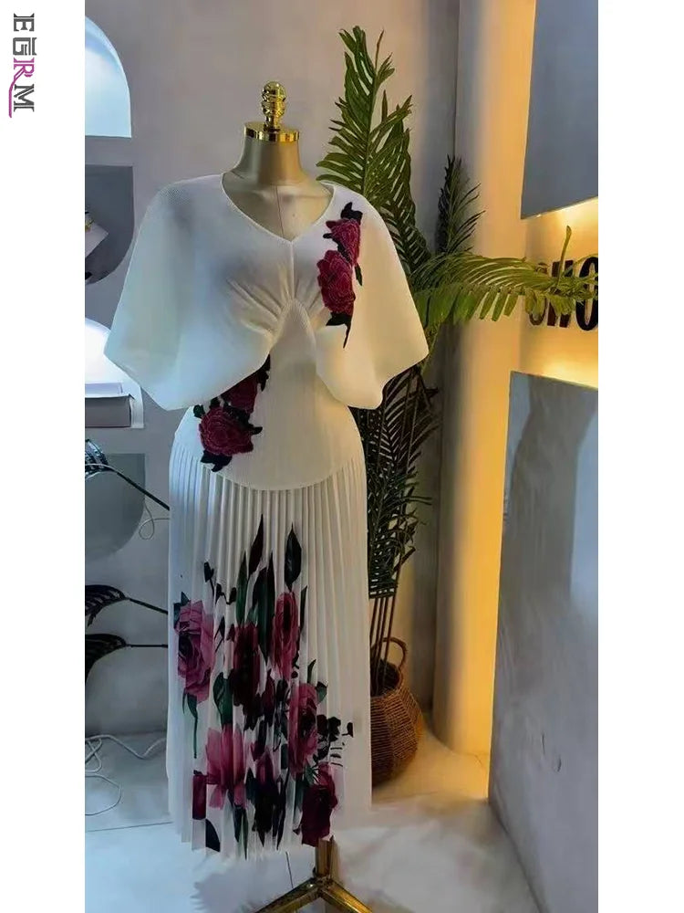 Showlu Fashion women's V-neck short sleeve pleated two-piece set with printed high waist skirt, slim fit, elegant evening dress style.
