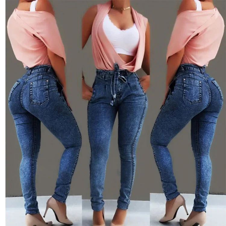 Black women's high waist skinny jeans from SHOWLU FASHION STORE, made of stretch denim with a slim pencil pant silhouette.