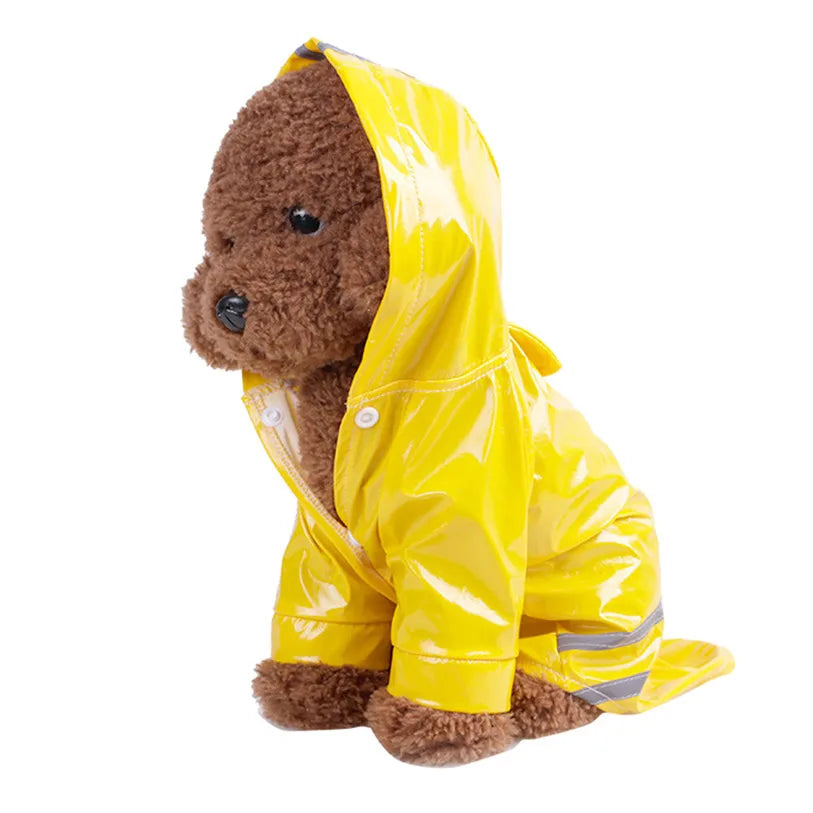 Waterproof Showlu Fashion dog raincoat with hood, PU pet jacket in size S to XL, designed for rainy weather and outdoor walks.