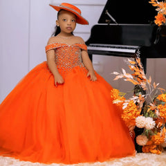Orange Tulle Girls Birthday Party Dresses Customized Ball Gown Crystal Flower Girl Dresses for Wedding Baby Girls Pageant Dress