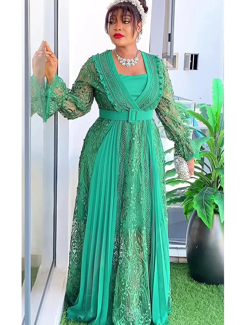Plus size Ankara lace African maxi dress for women by SHOWLU FASHION STORE with vibrant pattern and elegant design.