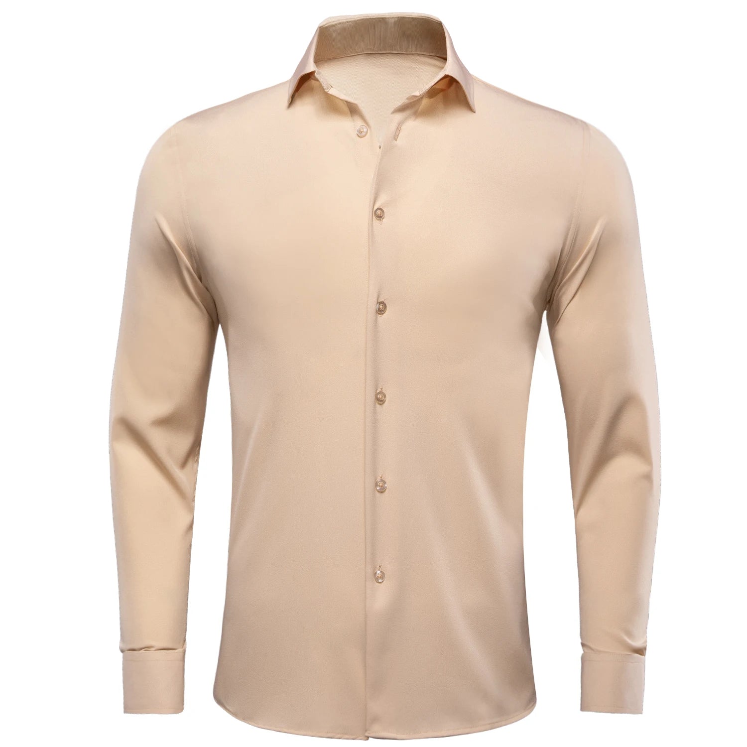 Blue solid silk men's long sleeve dress shirt with lapel, suitable for business, wedding, and formal occasions.