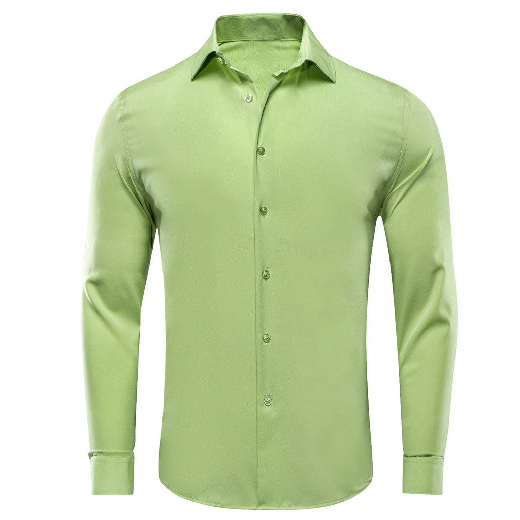 Blue silk men's dress shirt with long sleeves, lapel collar, suitable for business or wedding attire, by Showlu Fashion.