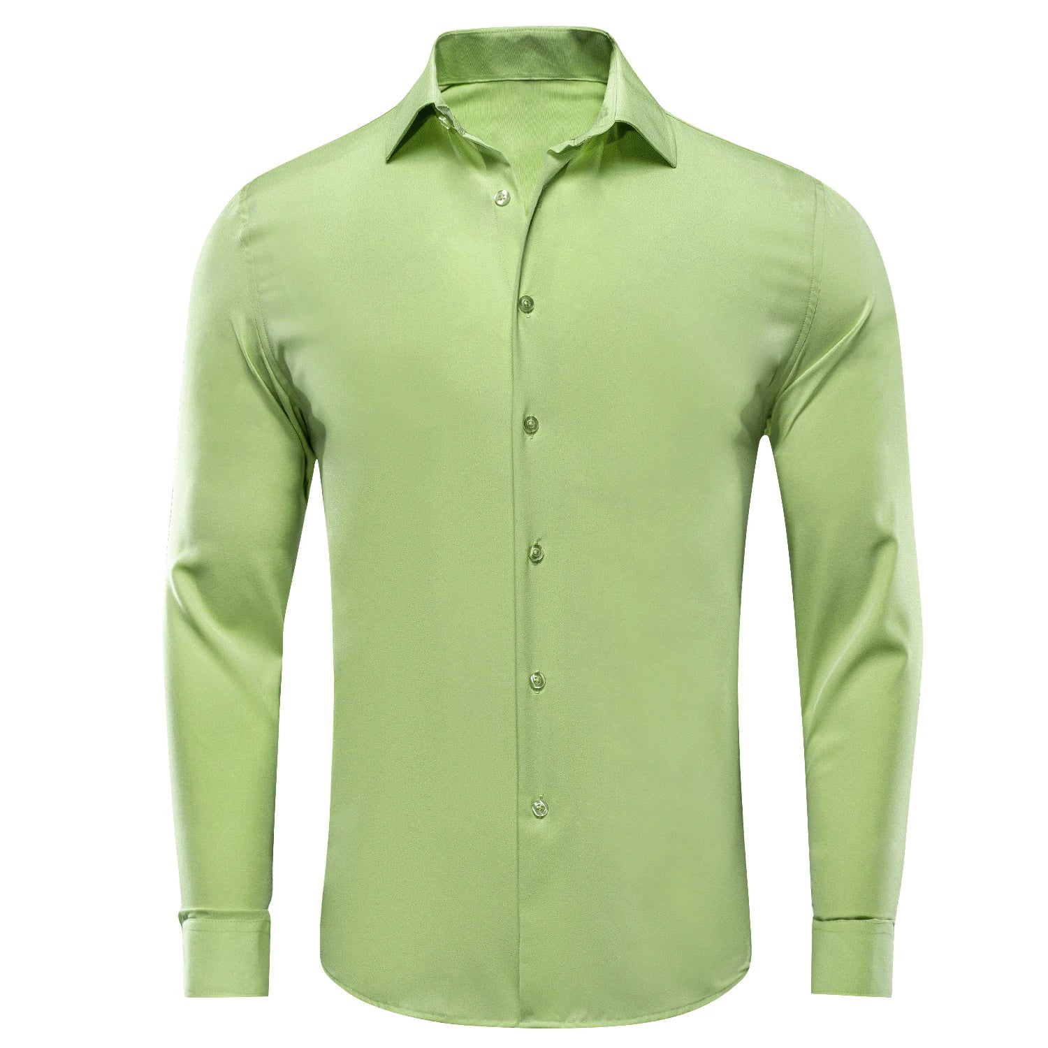 Blue silk men's dress shirt with long sleeves, lapel collar, suitable for business or wedding attire, by Showlu Fashion.