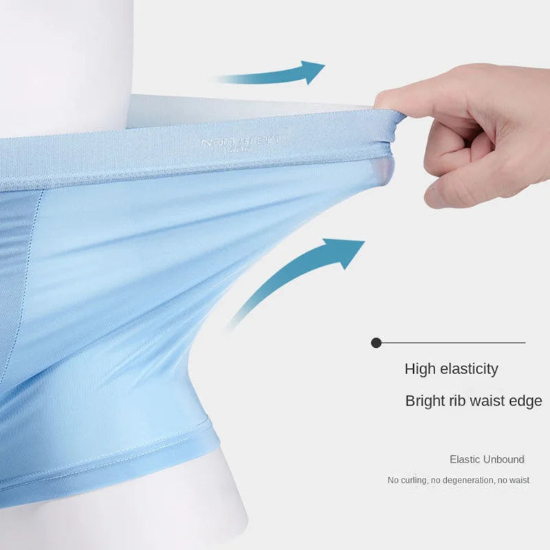 Set of four men's boxer shorts made of breathable ice silk fabric, showing the lightweight, comfortable U-convex design in various colors.