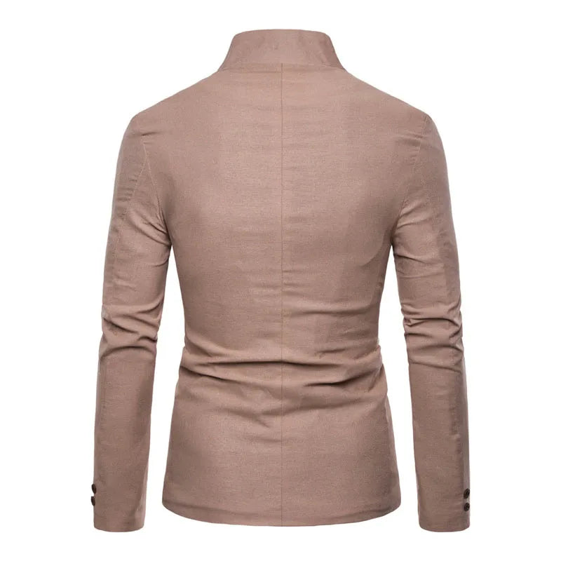 Men's slim fit casual blazer with multi-button decoration, stand collar, solid color suit jacket, suitable for stage and party wear.