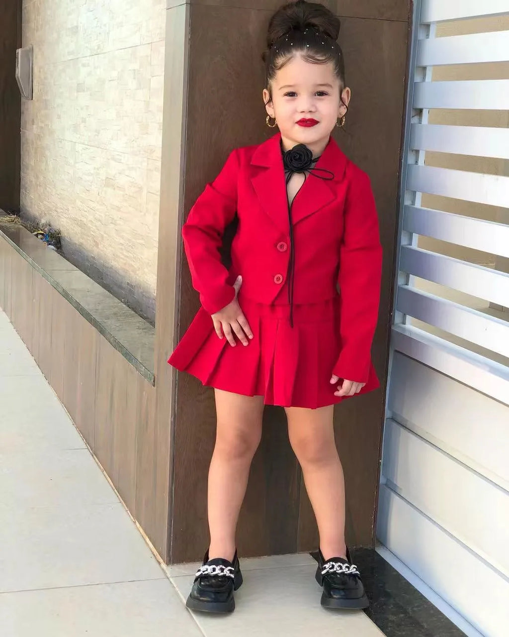 Girls winter 2-piece set by Showlu Fashion Store with long sleeve jacket and matching skirt, suitable for cold weather.