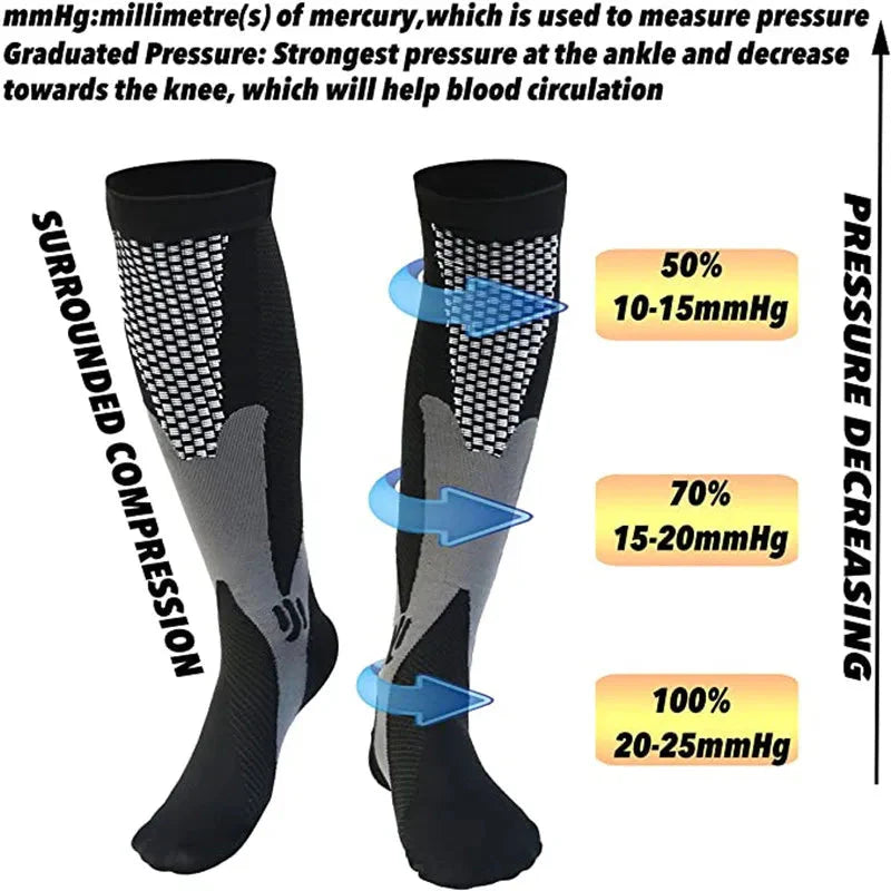 Men's knee-high compression golf socks by SHOWLU FASHION STORE, made of nylon, designed for comfort and support during sports.