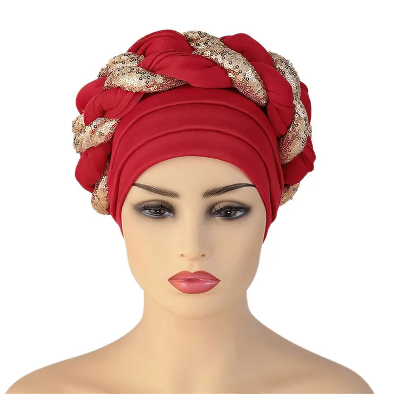 Sequins Braid Turban Cap for women African autogele Headtie