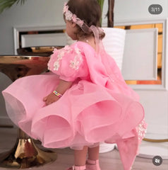 Pink Flower Girl Dress with Big Bow & Floral Details, First Communion & Wedding Party Gown for Toddlers فساتين اطفال