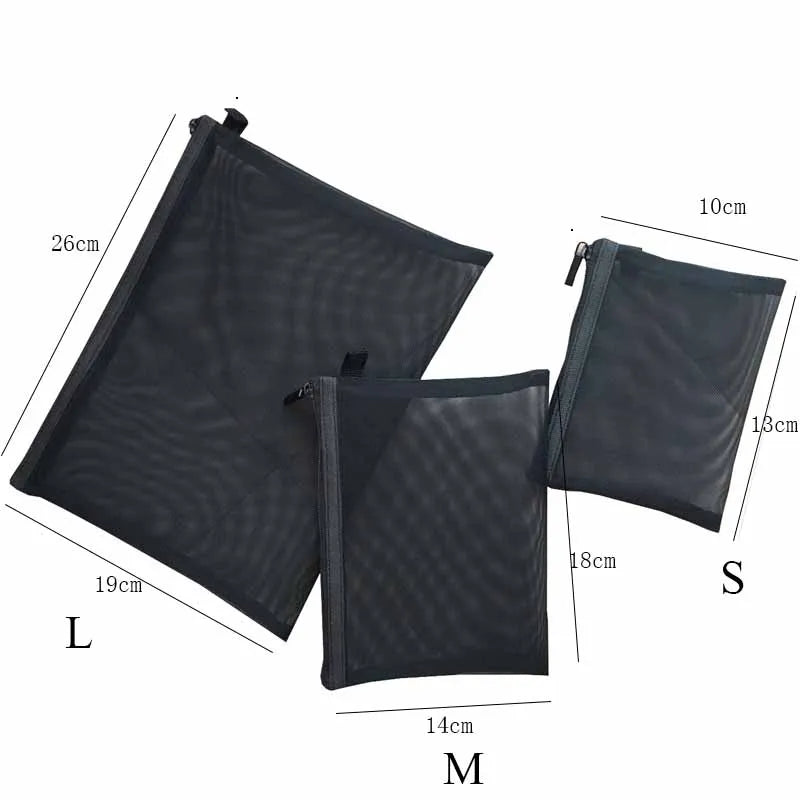 Black transparent mesh makeup bag for women, compact cosmetic organizer with zipper, ideal for storing cosmetics and pencils.