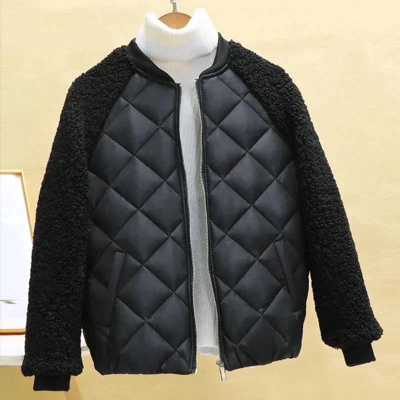 SHOWLU Women's hooded light down cotton jacket with short patchwork design, stylish and warm outerwear for women.
