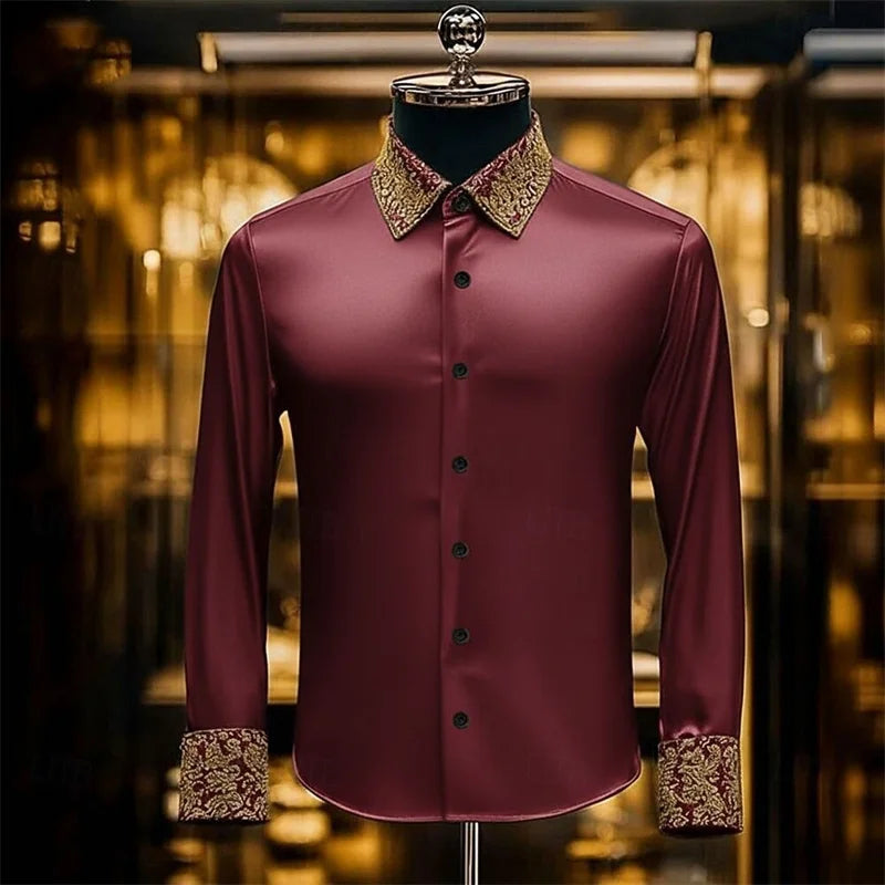 Men's luxury long sleeve silk shirt in white and brown paisley pattern, slim fit casual lapel top by Showlu Fashion Store.