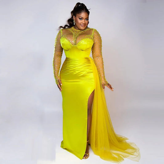 Aso Ebi Plus Size Evening Dresses High Neck Beads Sequin Illusion Long Sleeves  Slit Long Sleeves Party Gown Mermaid Prom Dress