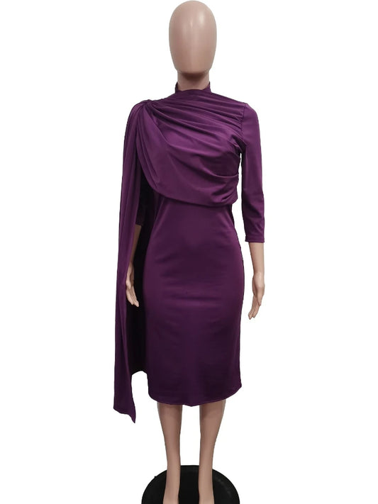 AOMEI Solid Pencil Slim Evening Dress for Women Folds Mid Calf Asymmetrical Half High Collar Three Quarter Outfits 2025