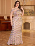 Showlu Fashion plus size sleeveless evening gown with single shoulder, glitter accents, and elegant tail design for women.