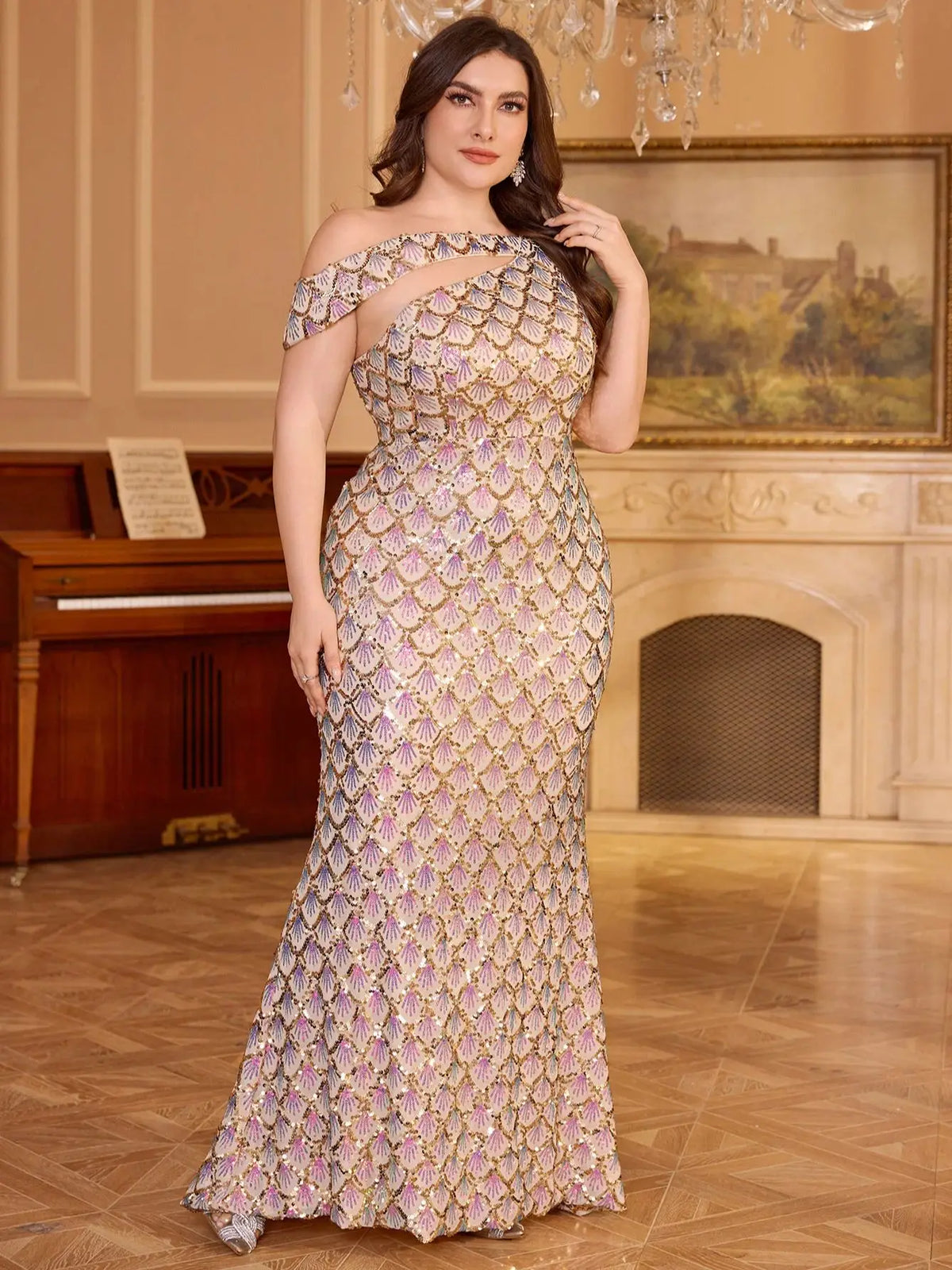 Showlu Fashion plus size sleeveless evening gown with single shoulder, glitter accents, and elegant tail design for women.