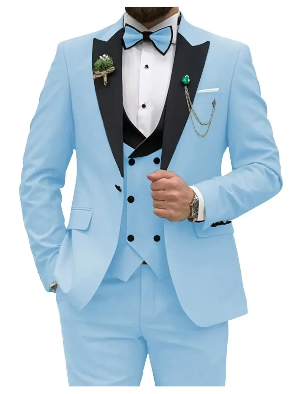 Royal blue men's 3-piece slim fit suit by Showlu Fashion, featuring a double-breasted blazer, vest, and matching trousers.