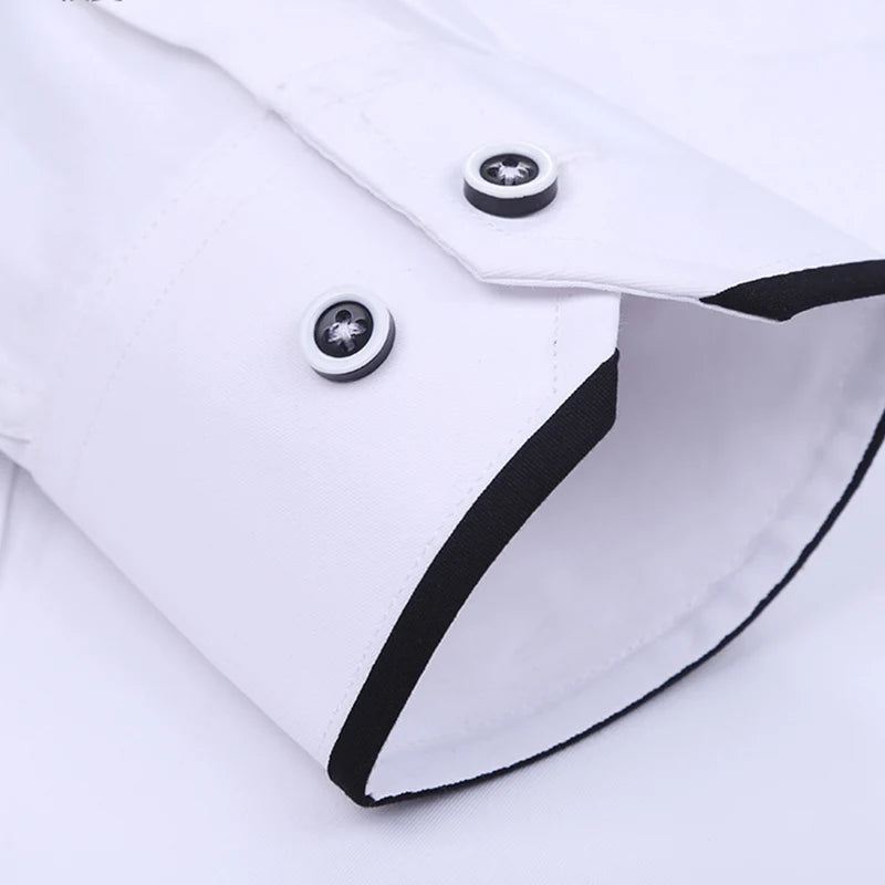 Men's white slim fit long sleeve shirt with stand-up collar and round neck, featuring a vertical collar design by Showlu Fashion.
