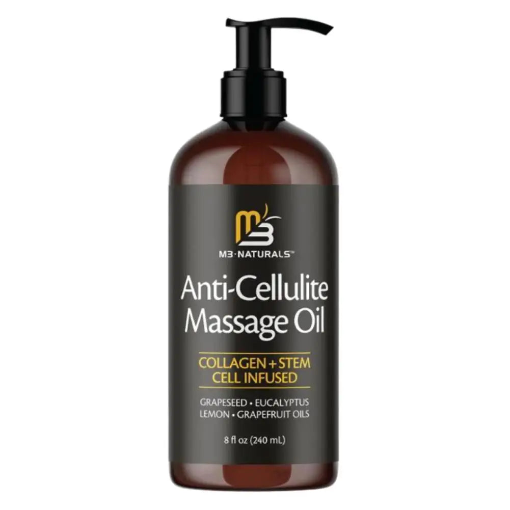 M3 Naturals anti-cellulite massage oil with grape seed and eucalyptus for firming and skin toning, shown in a clear bottle.